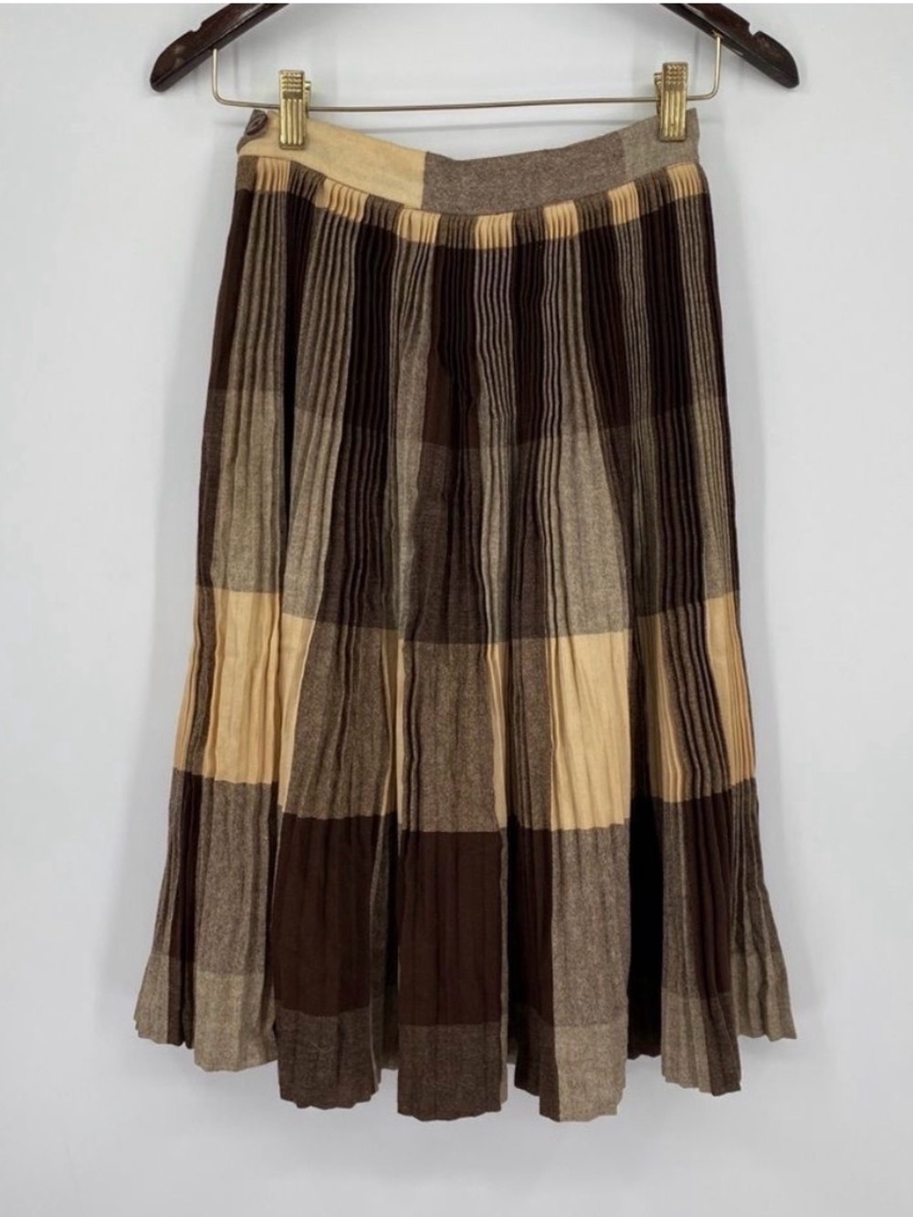 Vintage retro micro pleat wool skirt brown and cream plaid dark academia vibe XS
